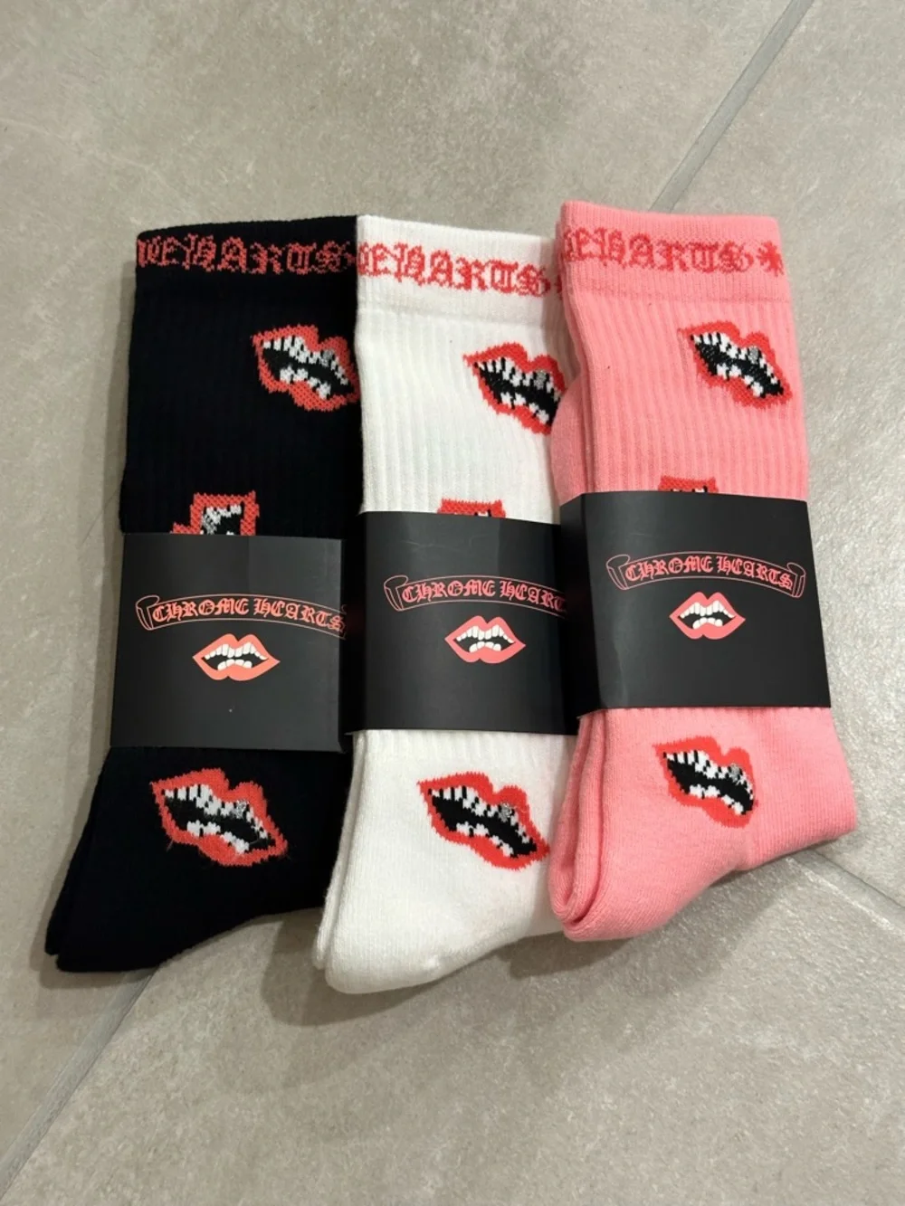 Chrome Hearts Pink Lip Chomper Socks 3-Pack Size Large Black White Pink